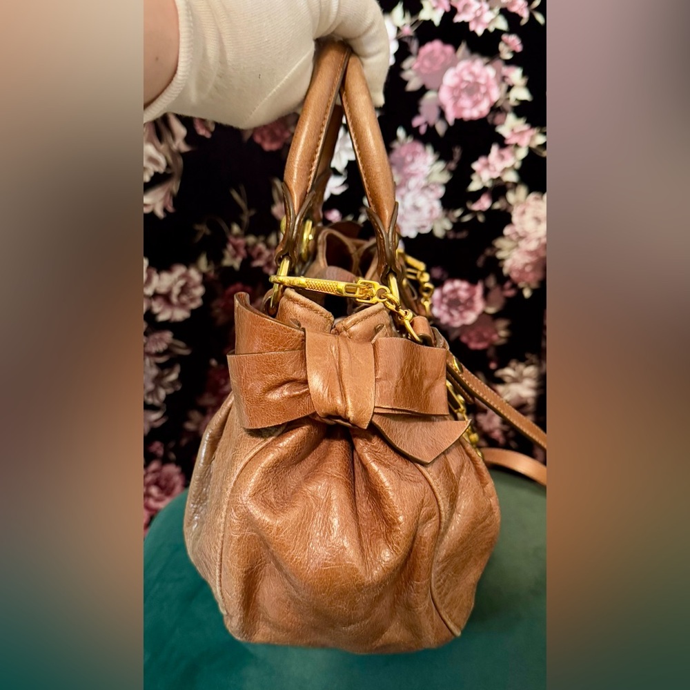 Authentic Miu Miu Side Ribbon 2 Way Warm Brown Le… - image 8